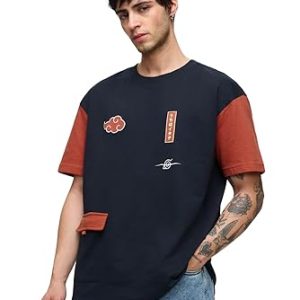 The Souled Store Naruto Shippuden: Uchiha's Pride Men and Boys Short Sleeves Round Neck Blue and Red Embroidered Cotton Oversized T-Shirts