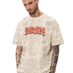 The Souled Store The Big Bang Theory: Bazinga Men and Boys Short Sleeves Round Neck Beige Printed Cotton Oversized T-Shirts